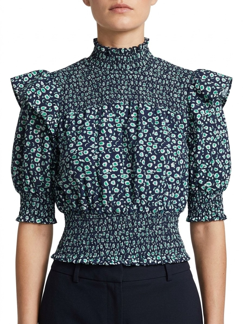 Gracia mocked High-Neck Floral Puff Sleeve Top - Navy/Green sz S